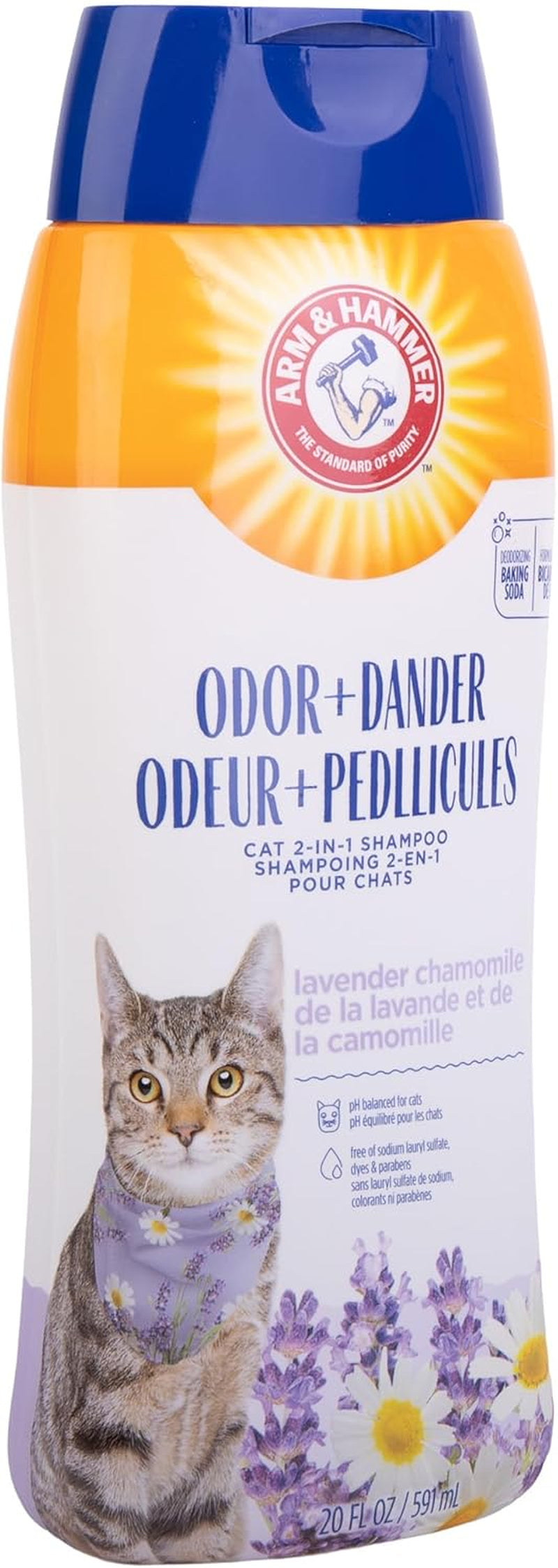 2-in-1 Cat Shampoo for Dander & Odor Control - Deodorizing Baking Soda Formula, Reduces Pet Dander, Deep Cleans Coat, Lavender Chamomile Scent, 20 Fl Oz