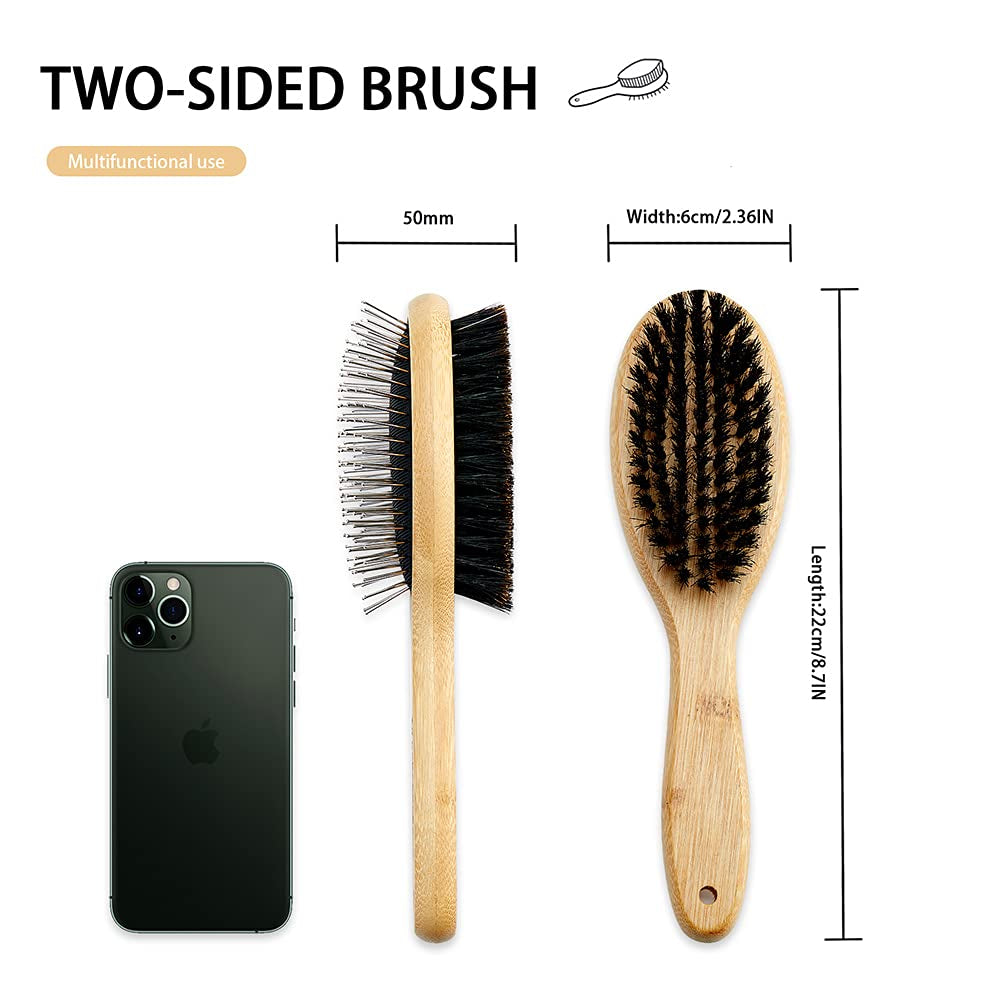 Double-Sided Dog & Cat Grooming Brush Set – Boar Bristle & Pin Pet Brush with Bamboo Handle for Shedding, Detangling & Coat Care (2-Pack)