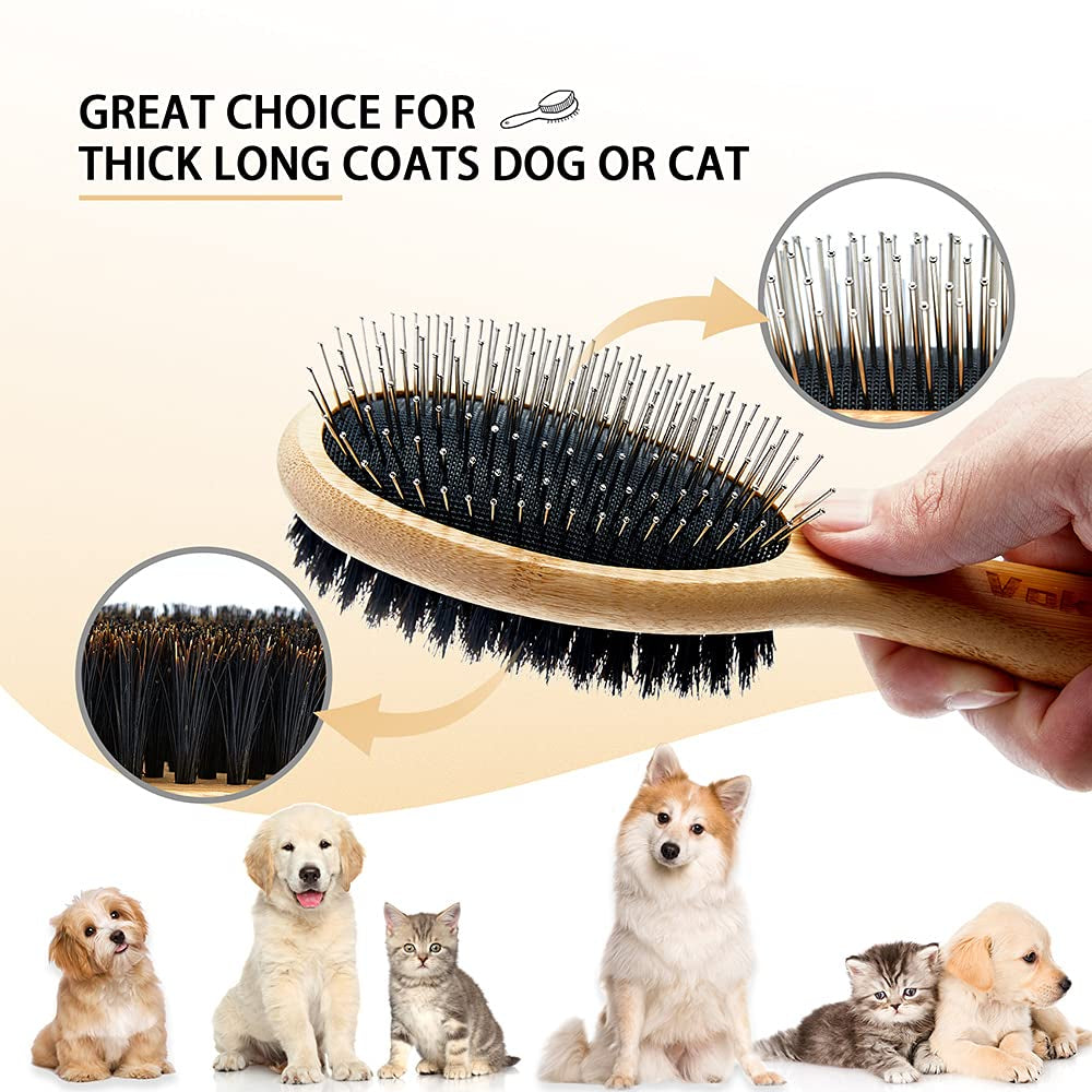 Double-Sided Dog & Cat Grooming Brush Set – Boar Bristle & Pin Pet Brush with Bamboo Handle for Shedding, Detangling & Coat Care (2-Pack)