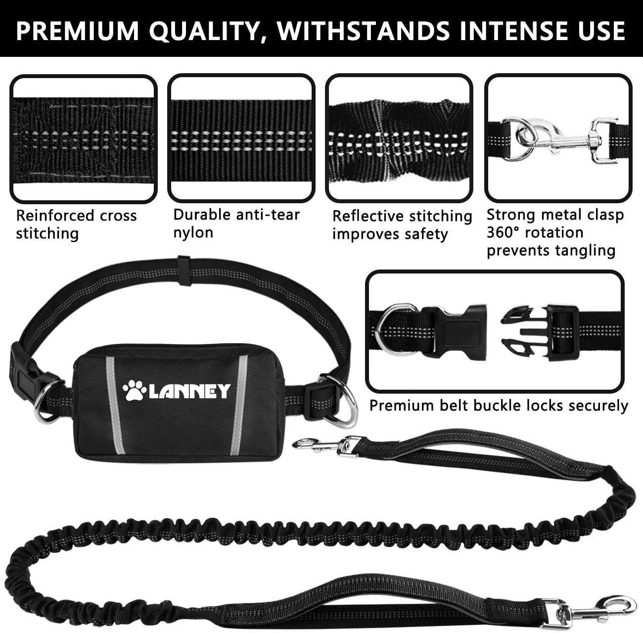 Hands Free Dog Leash- with Waist Belt & Zipper Pouch, Retractable Bungee Leash for Medium & Large Dogs, Dual Handle Running Leash for Walking, Jogging, Hiking & Training