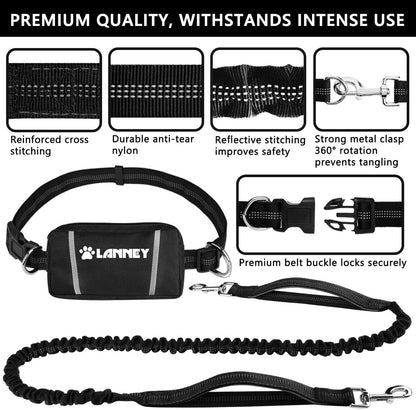 Hands Free Dog Leash- with Waist Belt & Zipper Pouch, Retractable Bungee Leash for Medium & Large Dogs, Dual Handle Running Leash for Walking, Jogging, Hiking & Training