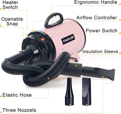 Professional Pet Grooming Dryer - High Velocity Dog Dryer with Adjustable Speed, Heat & 3 Nozzles