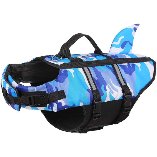 Shark & Camouflage Pet Dog Life Jacket - High Visibility Swimming Vest & Harness
