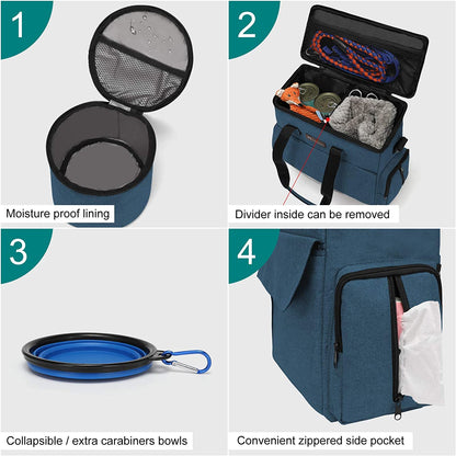 Dog Travel Bag- Airline-Approved Pet Travel Organizer for Dogs & Cats, Weekend Tote with Multi-Function Pockets, 2 Food Containers, 2 Collapsible Bowls & Feeding Mat