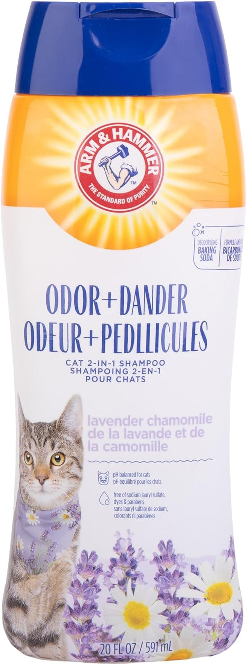 2-in-1 Cat Shampoo for Dander & Odor Control - Deodorizing Baking Soda Formula, Reduces Pet Dander, Deep Cleans Coat, Lavender Chamomile Scent, 20 Fl Oz