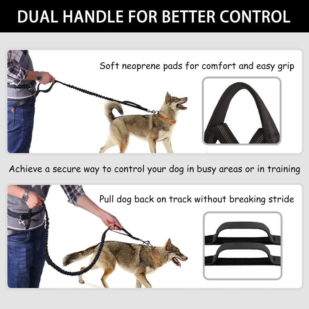 Hands Free Dog Leash- with Waist Belt & Zipper Pouch, Retractable Bungee Leash for Medium & Large Dogs, Dual Handle Running Leash for Walking, Jogging, Hiking & Training