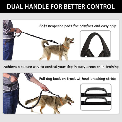 Hands Free Dog Leash- with Waist Belt & Zipper Pouch, Retractable Bungee Leash for Medium & Large Dogs, Dual Handle Running Leash for Walking, Jogging, Hiking & Training