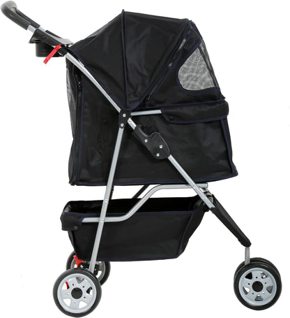 3-Wheel Pet Stroller- Lightweight Foldable Dog Stroller for Small Medium Dogs & Cats, Breathable Mesh & Weather Cover with Storage Basket, for Daily Walk Outdoor Travel