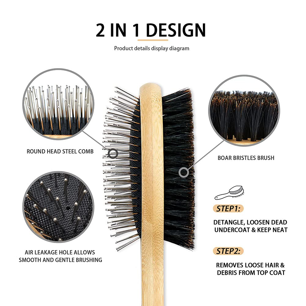 Double-Sided Dog & Cat Grooming Brush Set – Boar Bristle & Pin Pet Brush with Bamboo Handle for Shedding, Detangling & Coat Care (2-Pack)