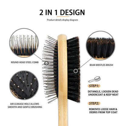 Double-Sided Dog & Cat Grooming Brush Set – Boar Bristle & Pin Pet Brush with Bamboo Handle for Shedding, Detangling & Coat Care (2-Pack)