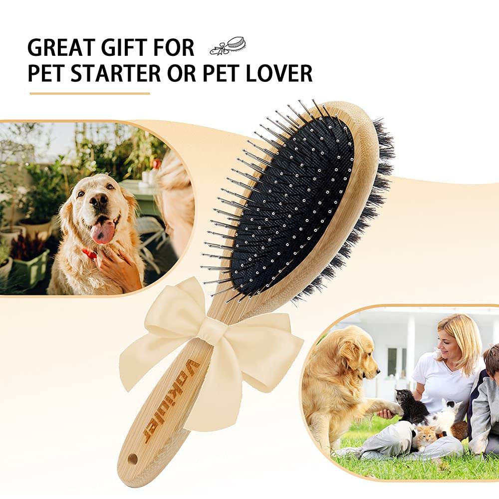 Double-Sided Dog & Cat Grooming Brush Set – Boar Bristle & Pin Pet Brush with Bamboo Handle for Shedding, Detangling & Coat Care (2-Pack)