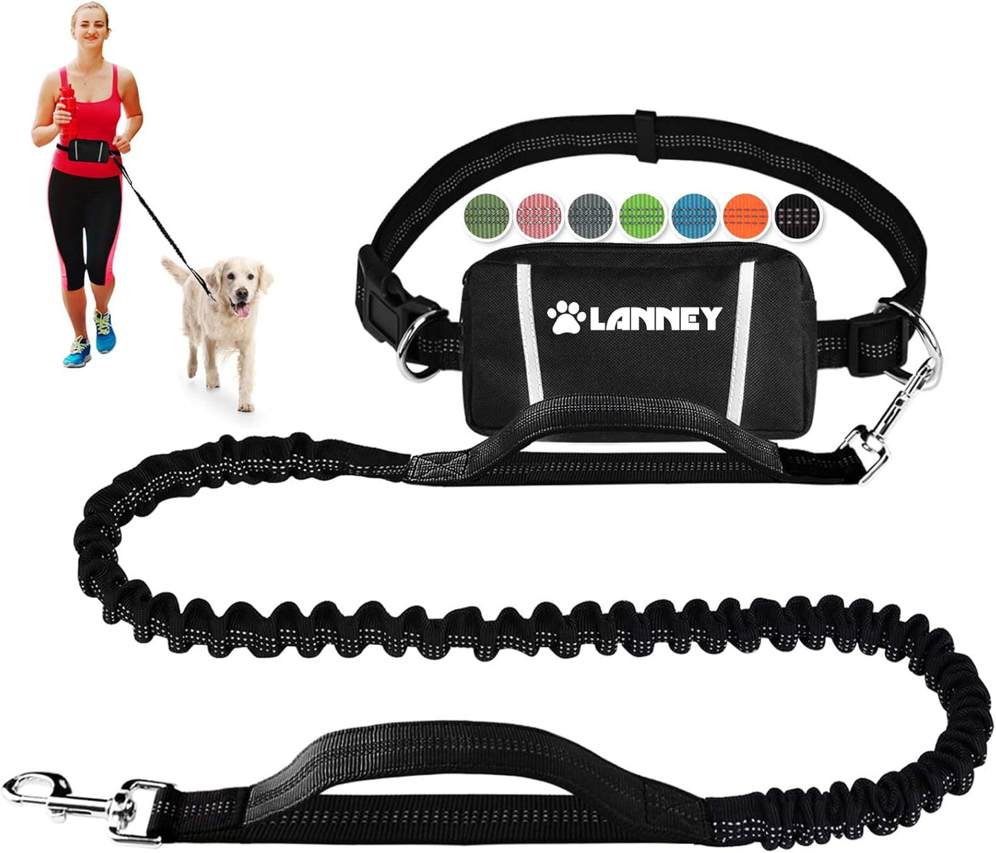 Hands Free Dog Leash- with Waist Belt & Zipper Pouch, Retractable Bungee Leash for Medium & Large Dogs, Dual Handle Running Leash for Walking, Jogging, Hiking & Training