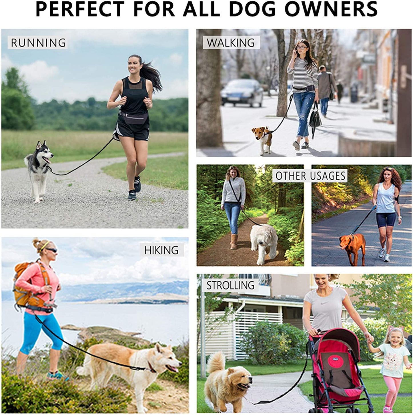 Hands Free Dog Leash- with Waist Belt & Zipper Pouch, Retractable Bungee Leash for Medium & Large Dogs, Dual Handle Running Leash for Walking, Jogging, Hiking & Training