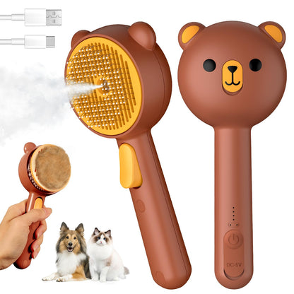 Self-Cleaning Cat Steam Brush with Pet Spray and Release Button - 3-in-1 Waterproof Grooming Tool for Long and Short Haired Cats and Dogs (Brown)