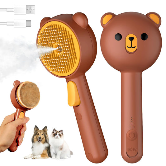 Self-Cleaning Cat Steam Brush with Pet Spray and Release Button - 3-in-1 Waterproof Grooming Tool for Long and Short Haired Cats and Dogs (Brown)