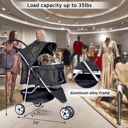 3-Wheel Pet Stroller- Lightweight Foldable Dog Stroller for Small Medium Dogs & Cats, Breathable Mesh & Weather Cover with Storage Basket, for Daily Walk Outdoor Travel