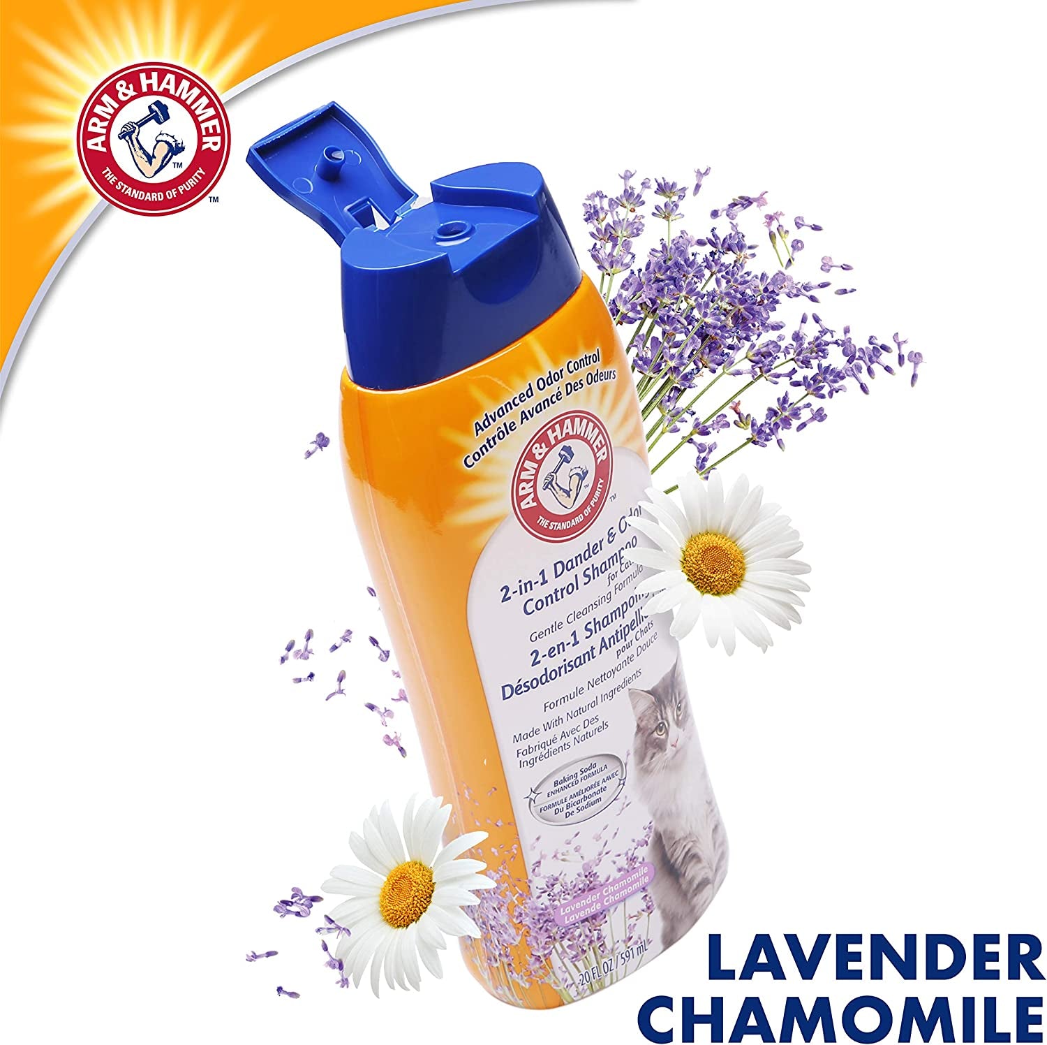 2-in-1 Cat Shampoo for Dander & Odor Control - Deodorizing Baking Soda Formula, Reduces Pet Dander, Deep Cleans Coat, Lavender Chamomile Scent, 20 Fl Oz