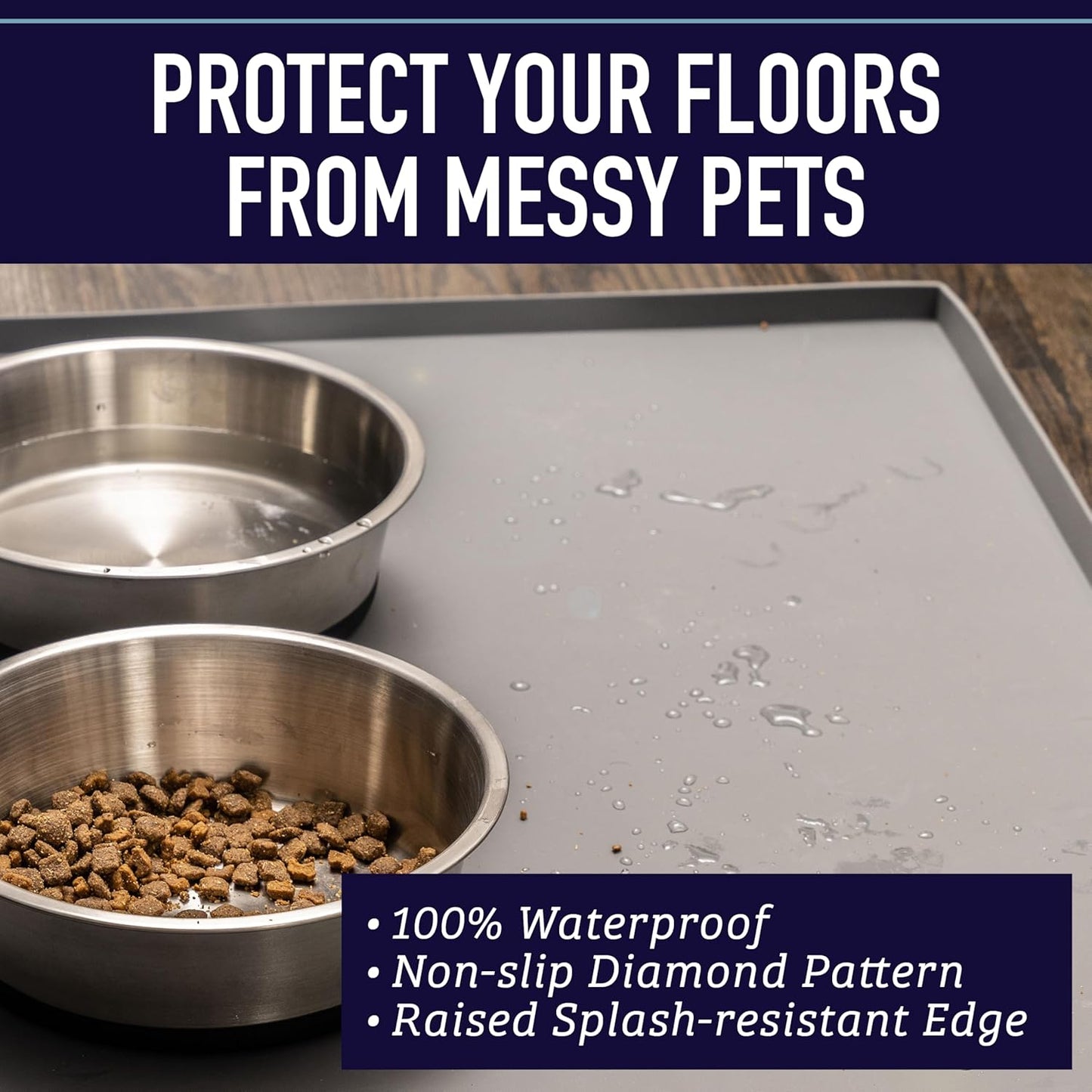 Raised-Edge Silicone Dog Food Mat – Waterproof Non-Slip Pet Feeding Mat for Food & Water Bowls, Dishwasher Safe (25" × 17")