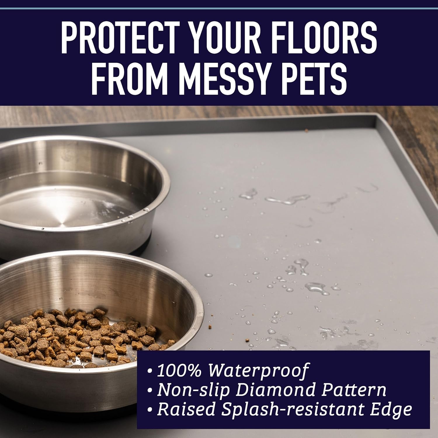 Raised-Edge Silicone Dog Food Mat – Waterproof Non-Slip Pet Feeding Mat for Food & Water Bowls, Dishwasher Safe (25" × 17")