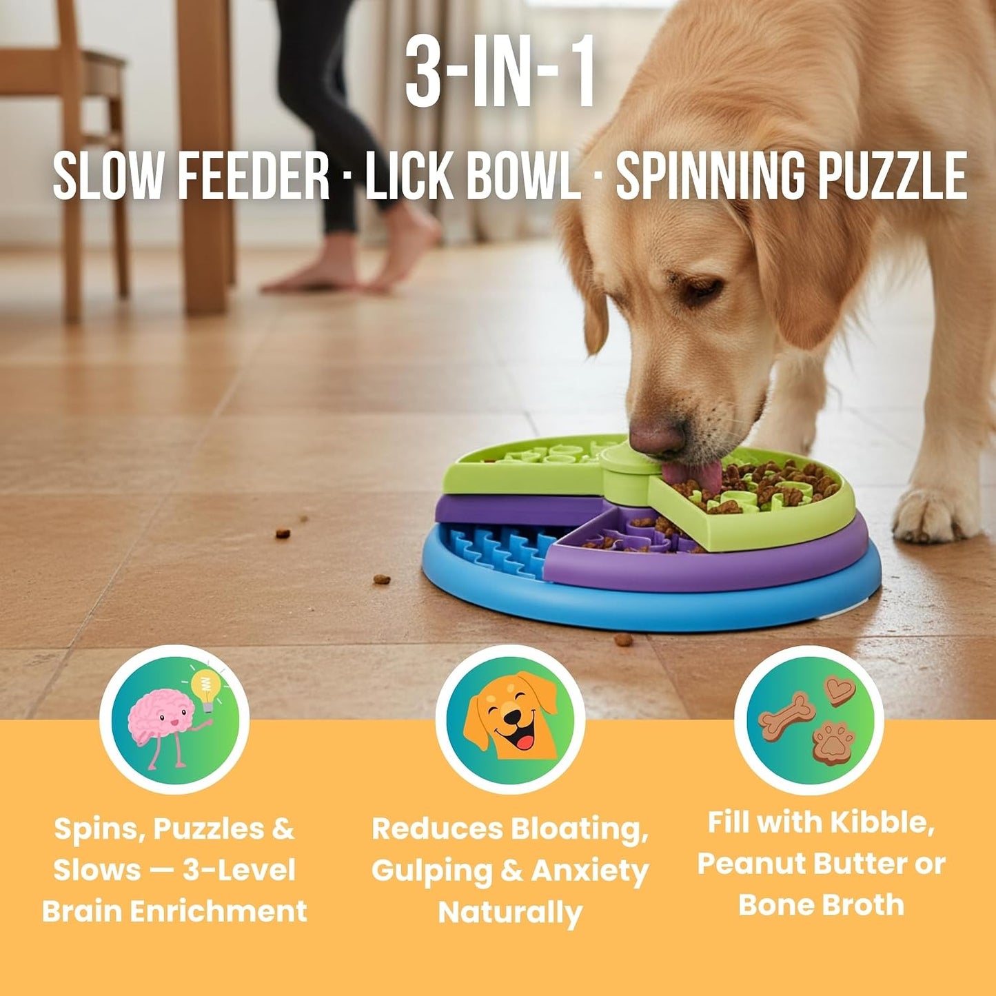 Interactive Slow Feeder Dog Bowl – 3-Level Puzzle Feeder & Spinning Lick Bowl for Large, Medium & Small Dogs | BPA-Free Enrichment Bowl for Peanut Butter, Wet Food & Liquid Treats