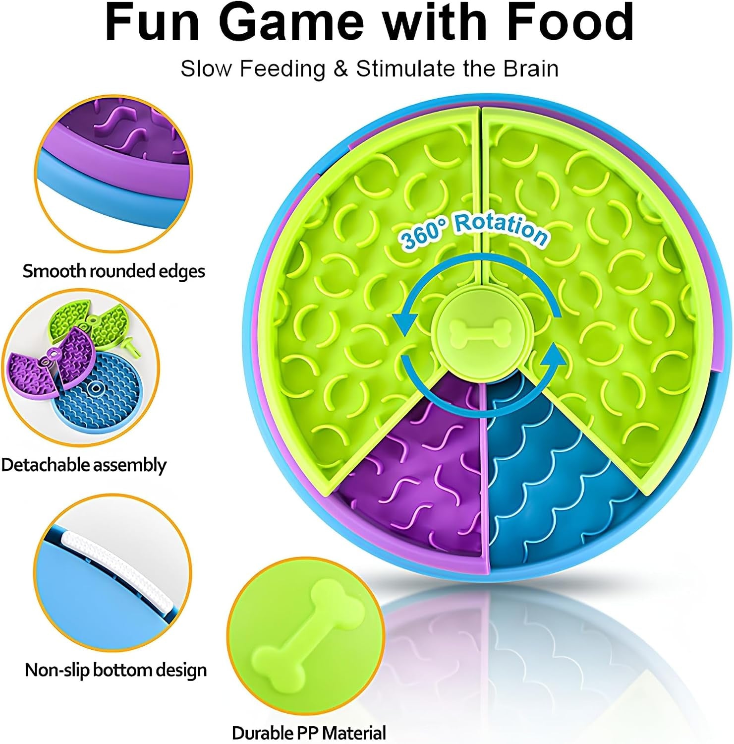 Interactive Slow Feeder Dog Bowl – 3-Level Puzzle Feeder & Spinning Lick Bowl for Large, Medium & Small Dogs | BPA-Free Enrichment Bowl for Peanut Butter, Wet Food & Liquid Treats