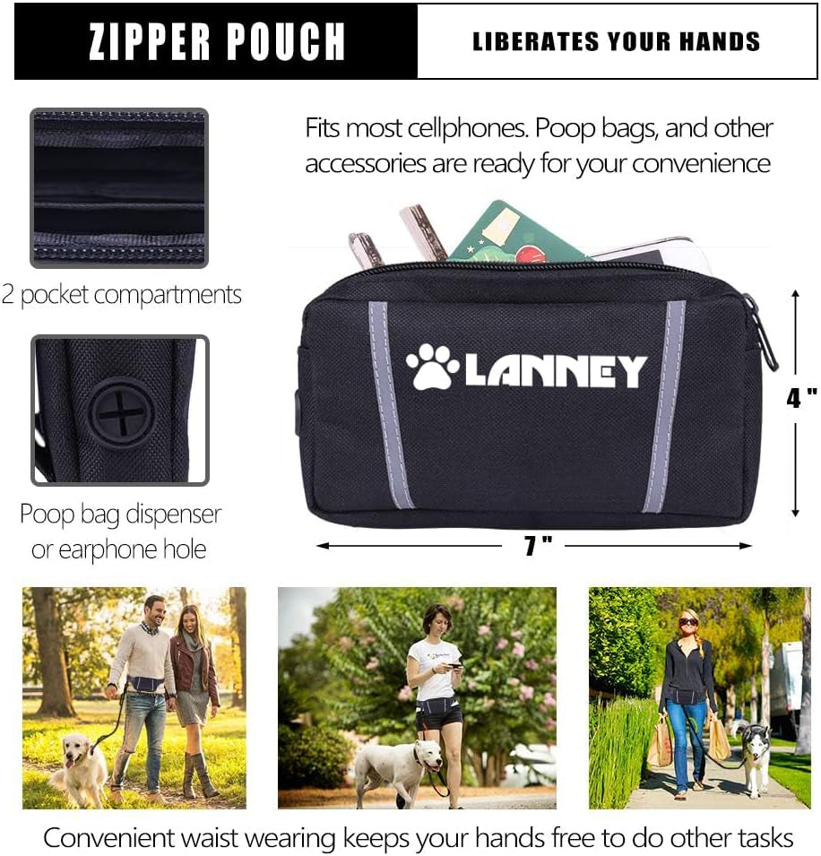 Hands Free Dog Leash- with Waist Belt & Zipper Pouch, Retractable Bungee Leash for Medium & Large Dogs, Dual Handle Running Leash for Walking, Jogging, Hiking & Training