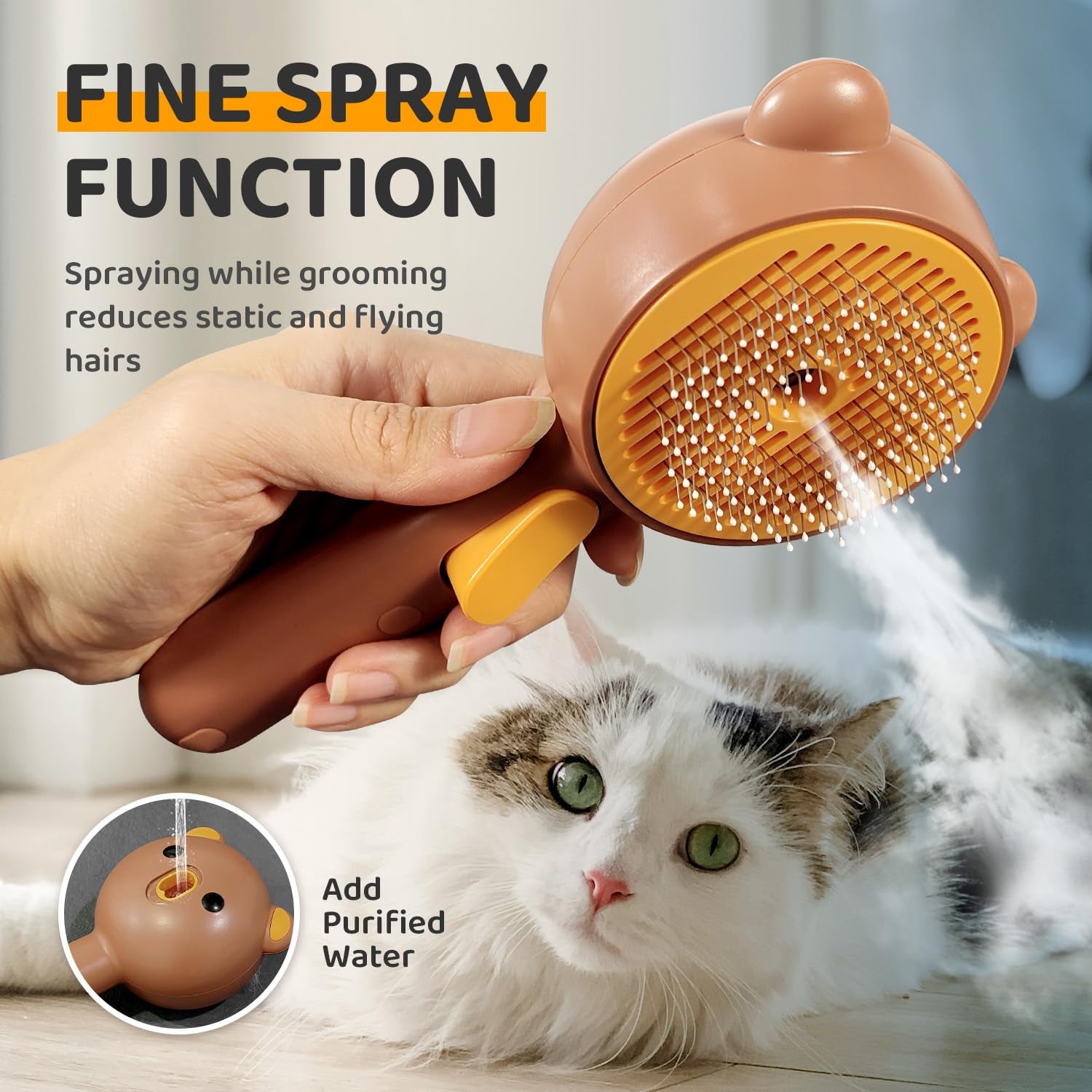 Self-Cleaning Cat Steam Brush with Pet Spray and Release Button - 3-in-1 Waterproof Grooming Tool for Long and Short Haired Cats and Dogs (Brown)