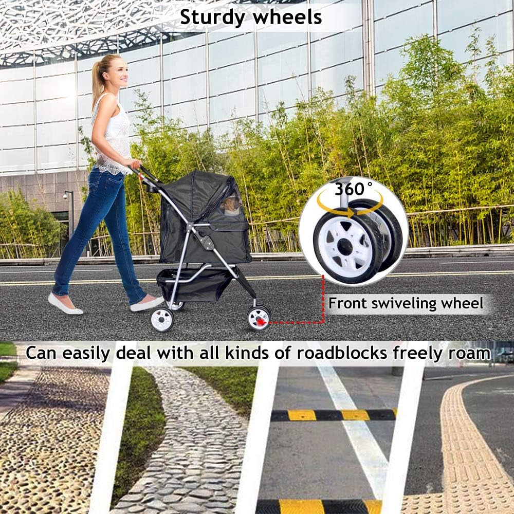 3-Wheel Pet Stroller- Lightweight Foldable Dog Stroller for Small Medium Dogs & Cats, Breathable Mesh & Weather Cover with Storage Basket, for Daily Walk Outdoor Travel
