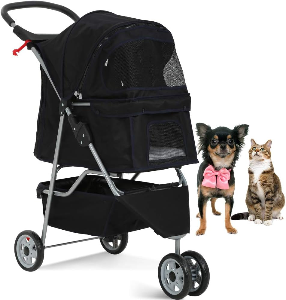 3-Wheel Pet Stroller- Lightweight Foldable Dog Stroller for Small Medium Dogs & Cats, Breathable Mesh & Weather Cover with Storage Basket, for Daily Walk Outdoor Travel