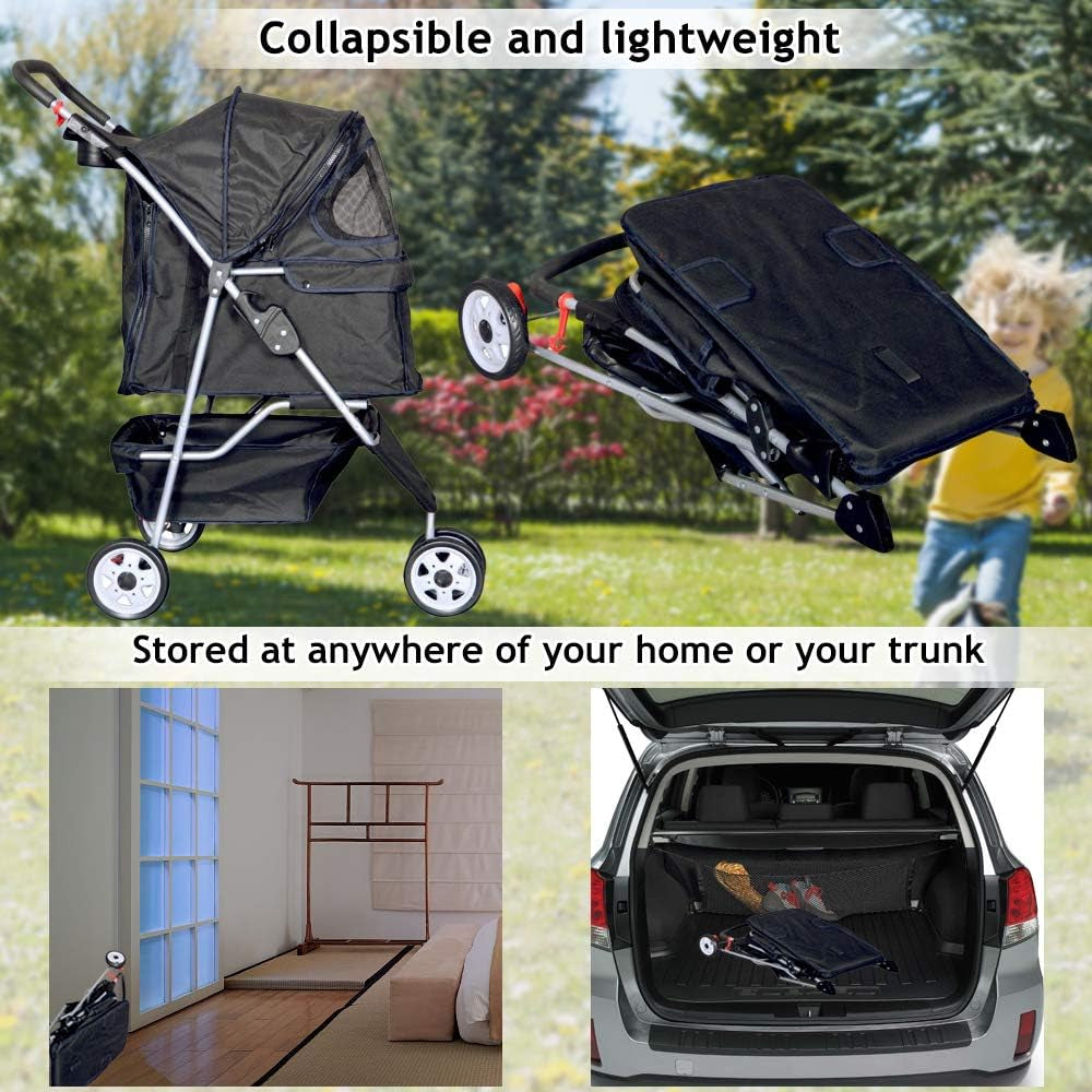 3-Wheel Pet Stroller- Lightweight Foldable Dog Stroller for Small Medium Dogs & Cats, Breathable Mesh & Weather Cover with Storage Basket, for Daily Walk Outdoor Travel