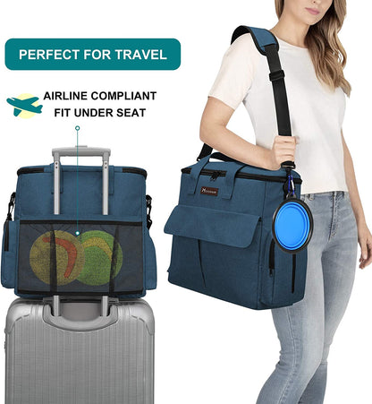 Dog Travel Bag- Airline-Approved Pet Travel Organizer for Dogs & Cats, Weekend Tote with Multi-Function Pockets, 2 Food Containers, 2 Collapsible Bowls & Feeding Mat