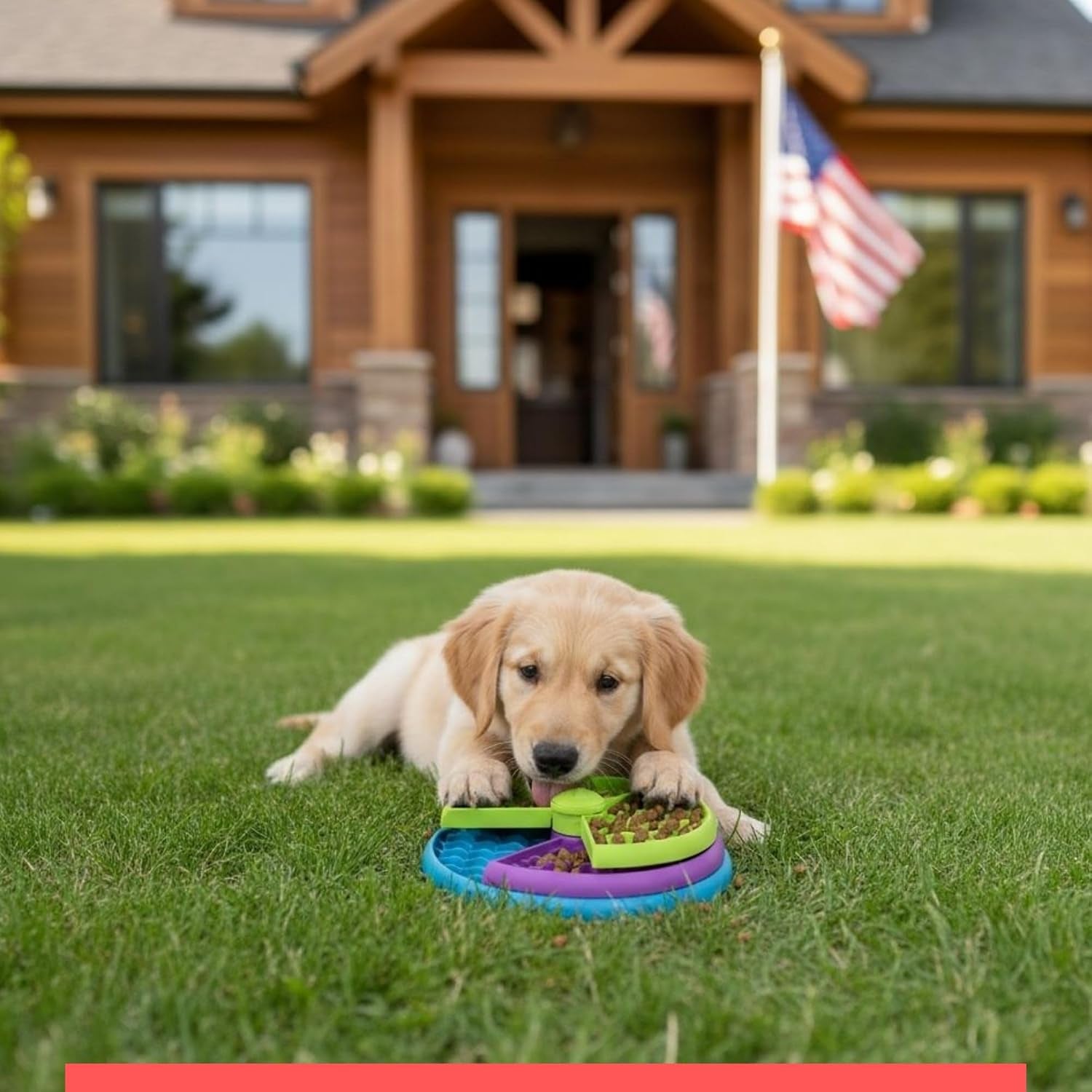 Interactive Slow Feeder Dog Bowl – 3-Level Puzzle Feeder & Spinning Lick Bowl for Large, Medium & Small Dogs | BPA-Free Enrichment Bowl for Peanut Butter, Wet Food & Liquid Treats