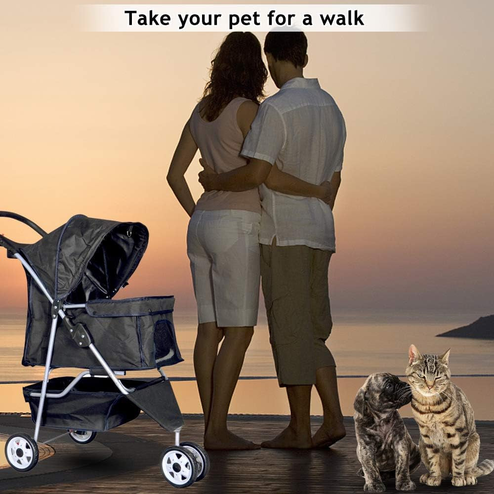 3-Wheel Pet Stroller- Lightweight Foldable Dog Stroller for Small Medium Dogs & Cats, Breathable Mesh & Weather Cover with Storage Basket, for Daily Walk Outdoor Travel