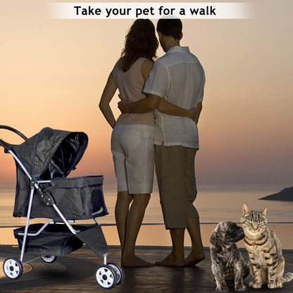 3-Wheel Pet Stroller- Lightweight Foldable Dog Stroller for Small Medium Dogs & Cats, Breathable Mesh & Weather Cover with Storage Basket, for Daily Walk Outdoor Travel