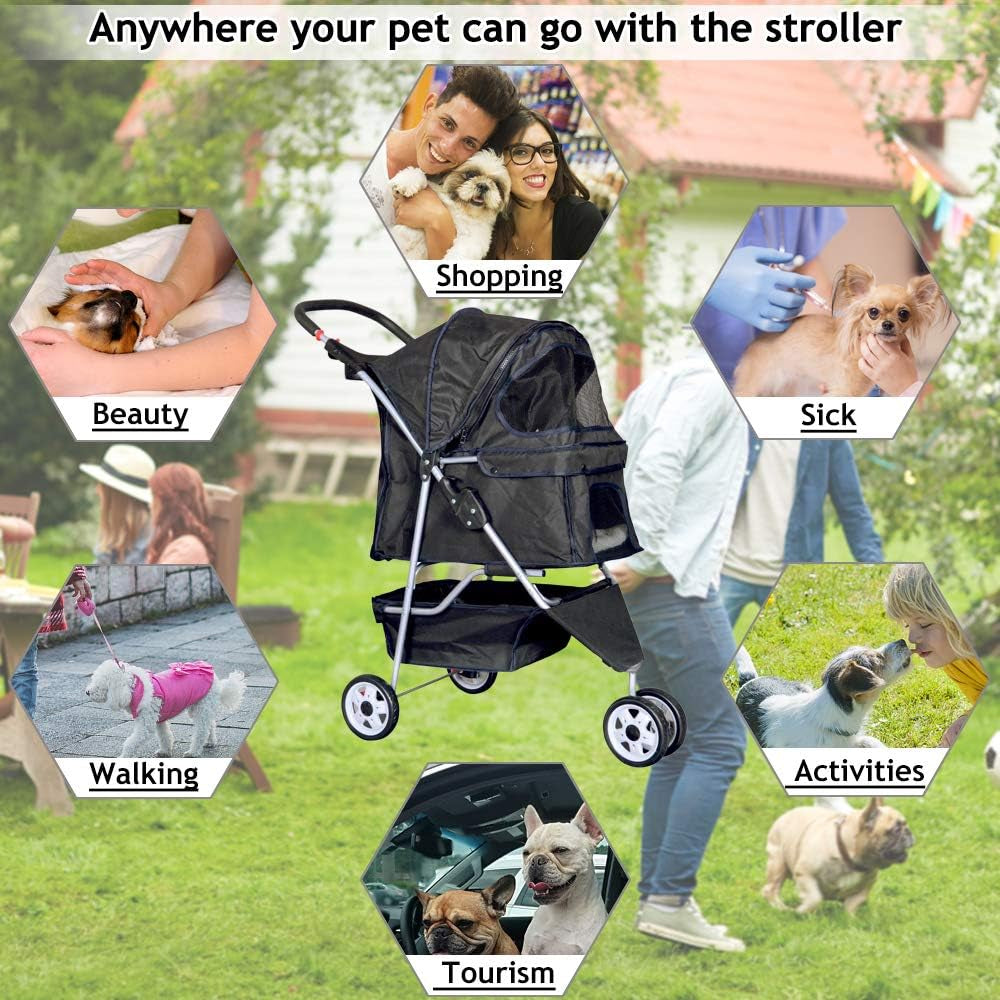 3-Wheel Pet Stroller- Lightweight Foldable Dog Stroller for Small Medium Dogs & Cats, Breathable Mesh & Weather Cover with Storage Basket, for Daily Walk Outdoor Travel