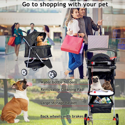 3-Wheel Pet Stroller- Lightweight Foldable Dog Stroller for Small Medium Dogs & Cats, Breathable Mesh & Weather Cover with Storage Basket, for Daily Walk Outdoor Travel