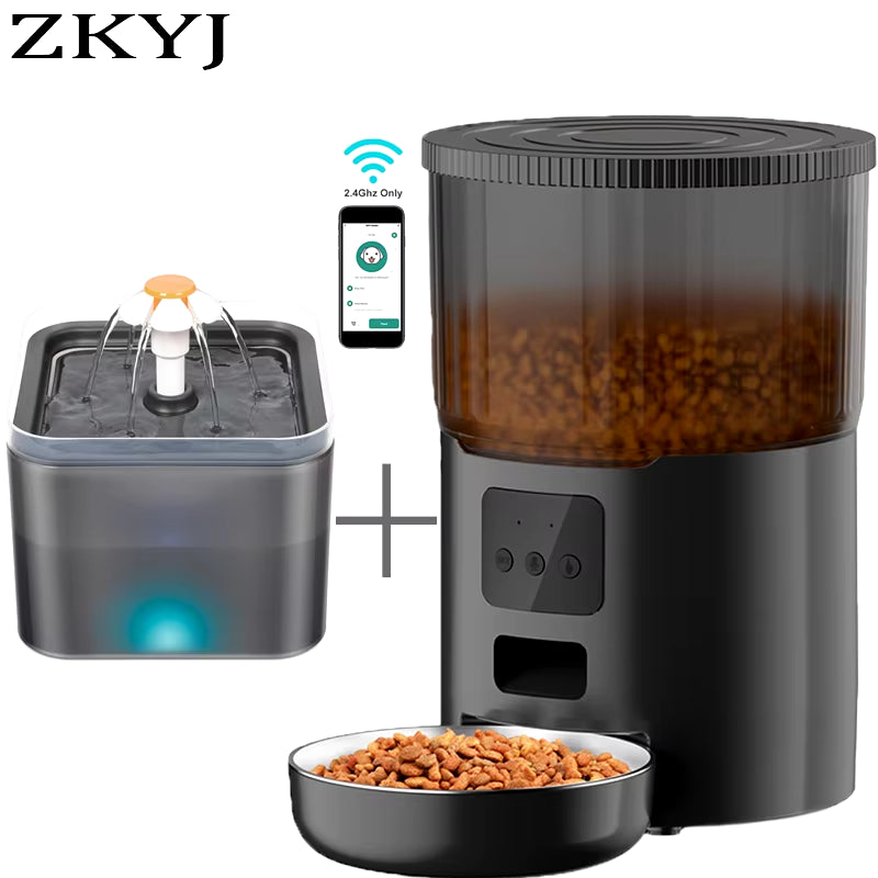Smart Automatic Pet Feeder & Water Fountain Set – WiFi App-Controlled 4L Food Dispenser with 2L Water Fountain for Cats & Dogs