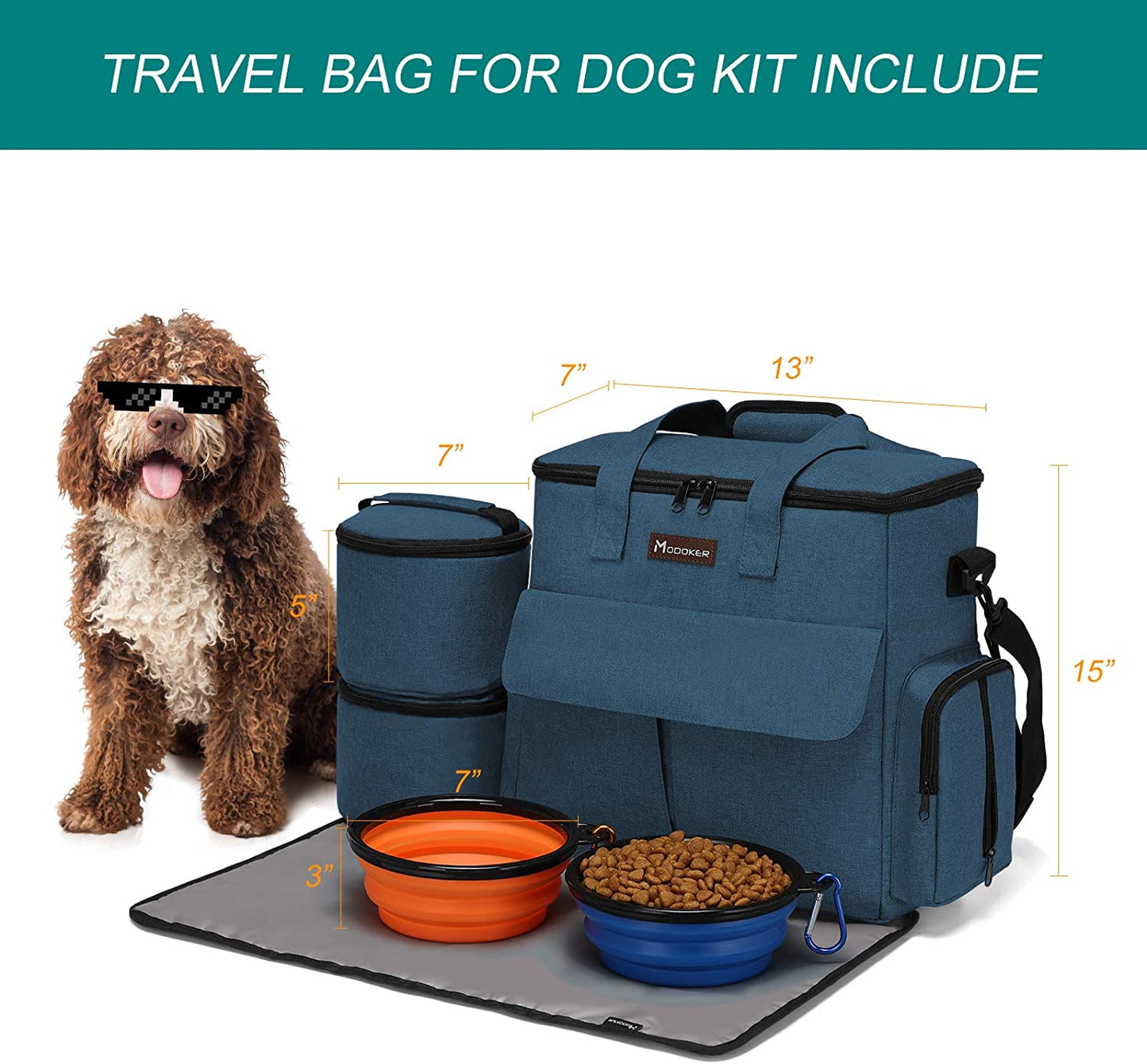 Dog Travel Bag- Airline-Approved Pet Travel Organizer for Dogs & Cats, Weekend Tote with Multi-Function Pockets, 2 Food Containers, 2 Collapsible Bowls & Feeding Mat