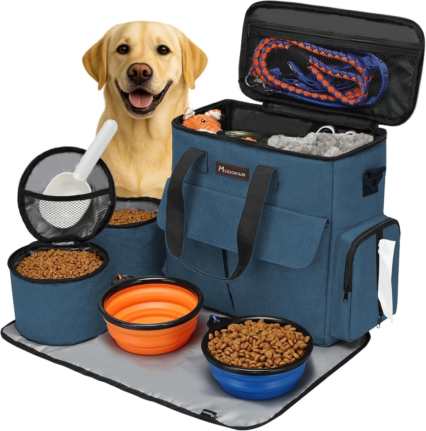 Dog Travel Bag- Airline-Approved Pet Travel Organizer for Dogs & Cats, Weekend Tote with Multi-Function Pockets, 2 Food Containers, 2 Collapsible Bowls & Feeding Mat