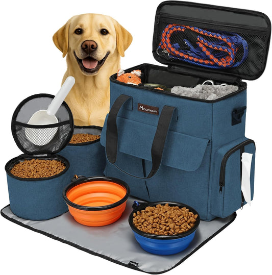 Dog Travel Bag- Airline-Approved Pet Travel Organizer for Dogs & Cats, Weekend Tote with Multi-Function Pockets, 2 Food Containers, 2 Collapsible Bowls & Feeding Mat
