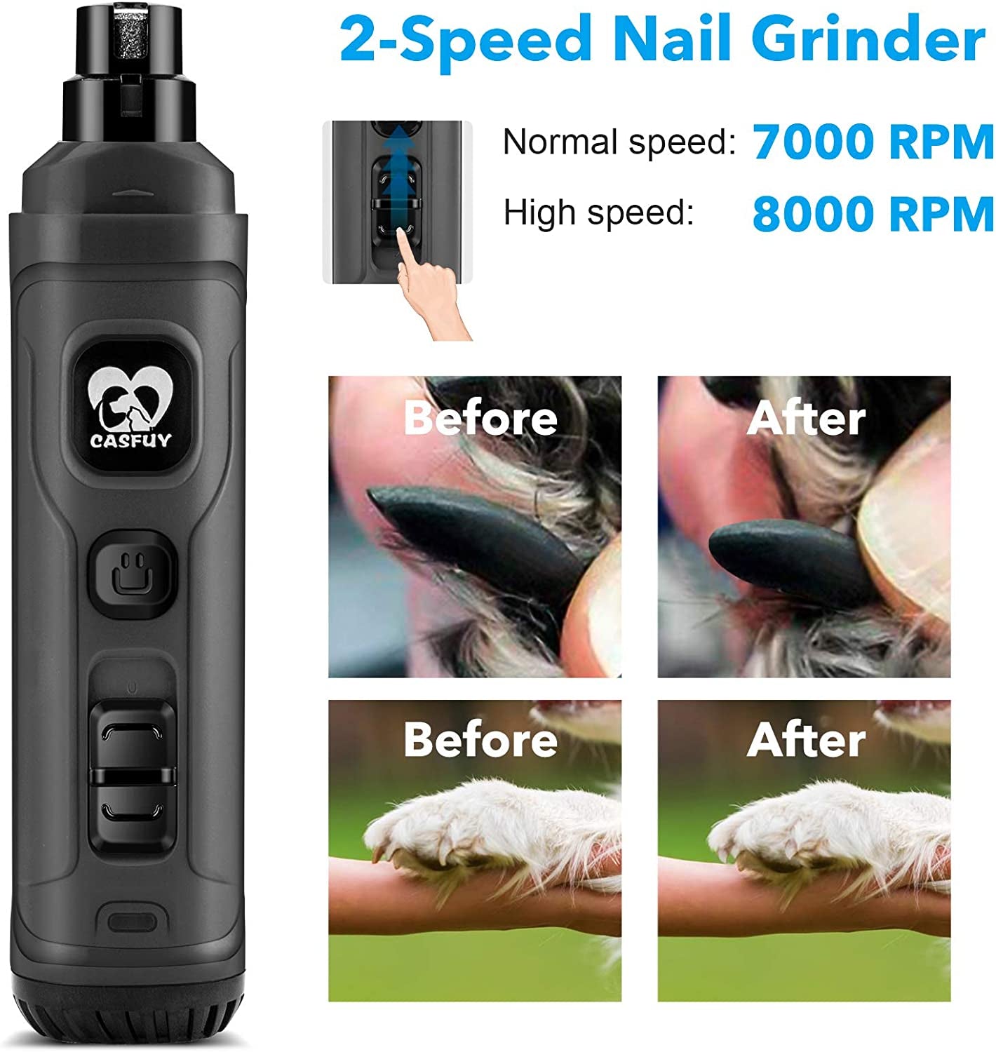 Professional Dog Nail Grinder with LED Lights – Quiet 2-Speed Electric Pet Nail Trimmer for Small, Medium & Large Dogs and Cats