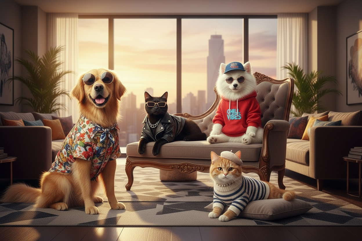 Realistic cats and dogs in trendy clothes